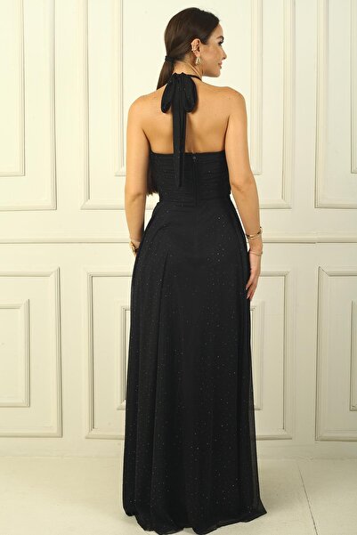 By Saygı Boyundan Bağlamalı Taş Yapıştırmalı Astarlı Uzun Tül Elbise