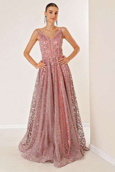 By Saygı Thin Strap Bead Detailed Tie Back Lined Floral Glitter Flock Printed Long Dress