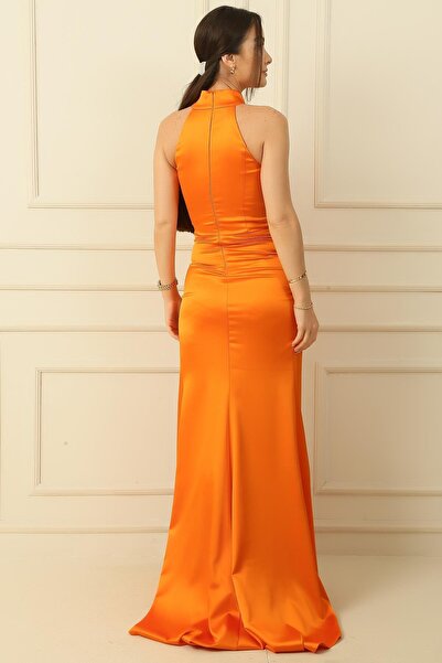 By Saygı Satin Dress - Neck, Gathered Front, Lined and Slit