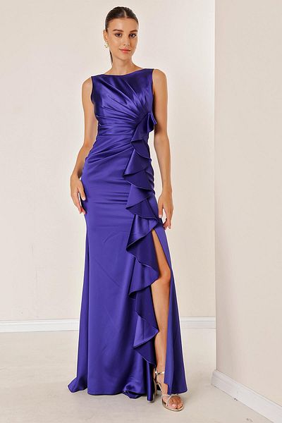 By Saygı Women's Front Draped Flounce Lined Long Satin Dress