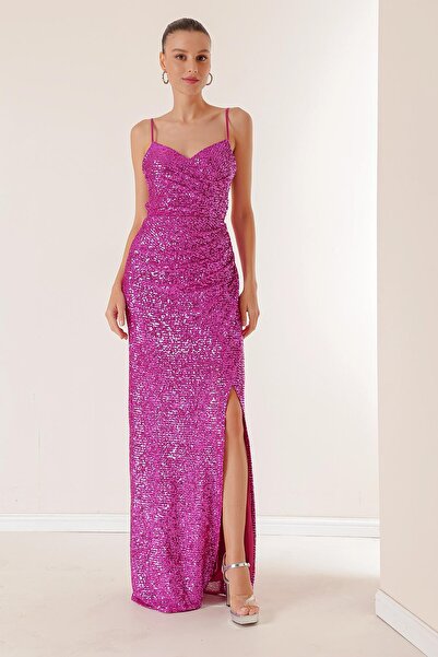 By Saygı Μακρύ φόρεμα με παγιέτες με τιράντες από σχοινί, ντυμένο στο μπροστινό μέρος, κορδόνι στην πλάτη και φόδρα