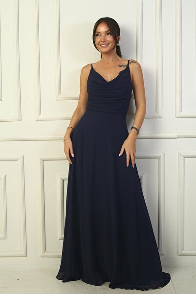 By Saygı Bélelt sifon drapériás hosszú női ruha - kötélpánttal