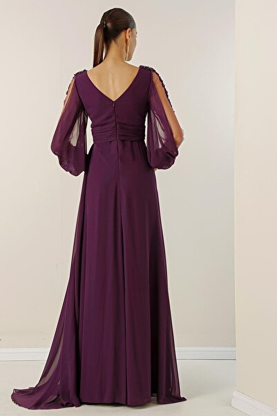 By Saygı Rochie lungă din șifon, cu decolteu în V, drapat în față, căptușită, mâneci, tul, guipură