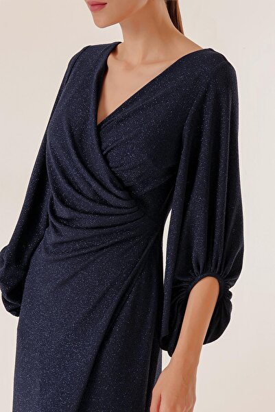 By Saygı Double Breasted Neck Front Draped Lined Glittery Long Dress