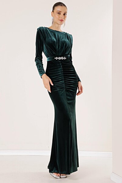 By Saygı Long Velvet Dress with Pleated Front and Belt