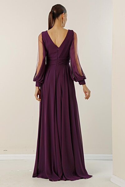 By Saygı Fata Spate Decolteu in V Fata Maneci Drapat Captusita cu tul Marime larga Rochie lunga din sifon