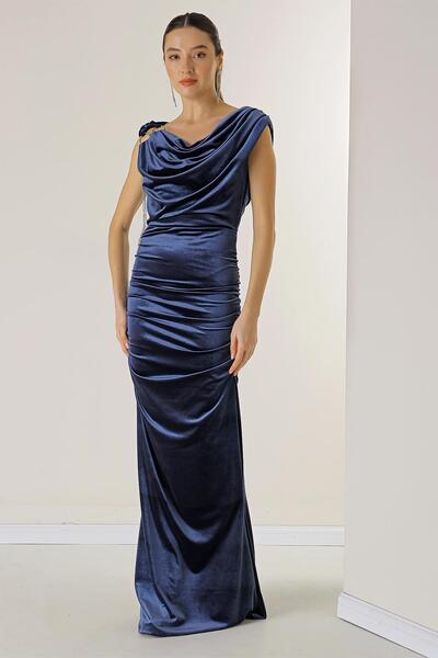 By Saygı One Shoulder Chain Draped Long Velvet Dress