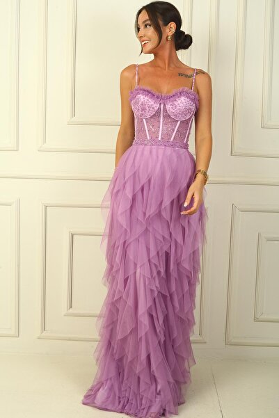 By Saygı Strapless and Fringed Bead Rope Strap Long Tulle Dress