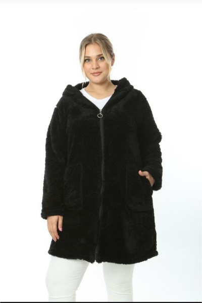Te&Te Kadın büyük beden fermuarlı kapüşonlu uzun  peluş polar hırka