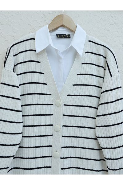 Modamorfo Ribbed Long Knitwear Cardigan - Buttoned and Stone Colored