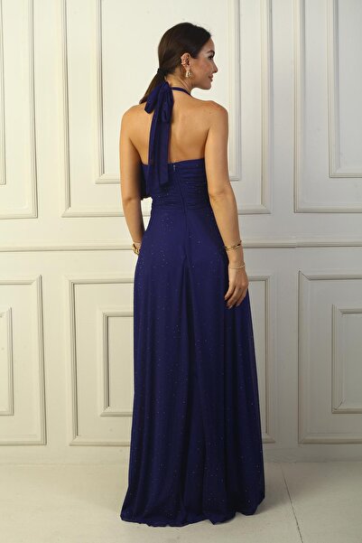 By Saygı Dlouhé tylové šaty - ohlávka s výstřihem, lepené kamínky a podšité