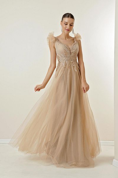 By Saygı Tie Back Beaded Embroidered Lined Tulle Long Dress