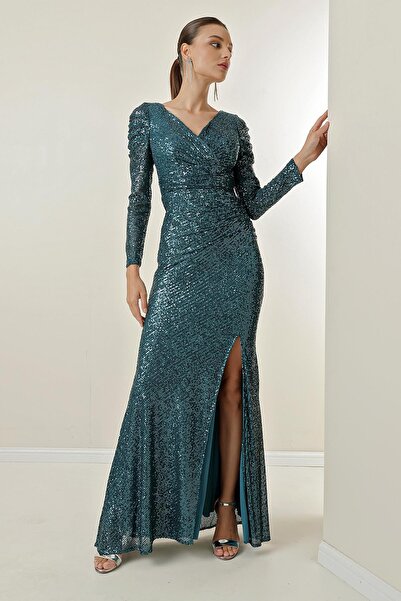 By Saygı Double Breasted Neck Front Draped Lined Sequined Long Dress