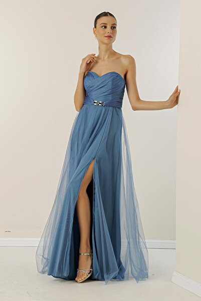 By Saygı Bez ramínek, v pase s přezkou, nařasený přední díl, dlouhé tylové šaty s podšívkou