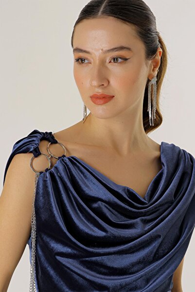 By Saygı One Shoulder Chain Draped Long Velvet Dress