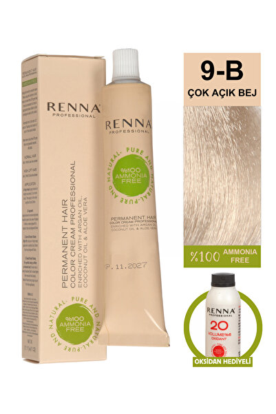 Renna Bitkisel Saç Boyası 9-B Çok Açık Bej 60 Ml - Oksidan Hediyeli (%100 Amo...