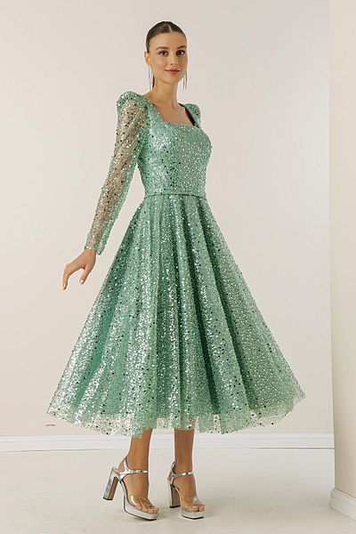 By Saygı Square Neck Long Sleeve Lined Sequined Beaded Dress