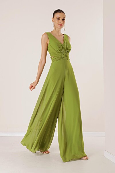By Saygı Low Waist Front Back V Neck Lined Chiffon Jumpsuit