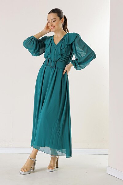 By Saygı Flutter Collar Banded Waist Belt Lined Chiffon Dress