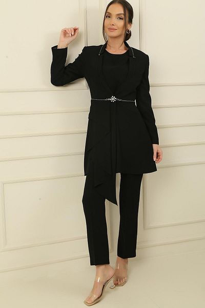 By Saygı 3 Piece Set with Collar and Stone Detail on the Front, Flounced Trousers, Large Size Spacing