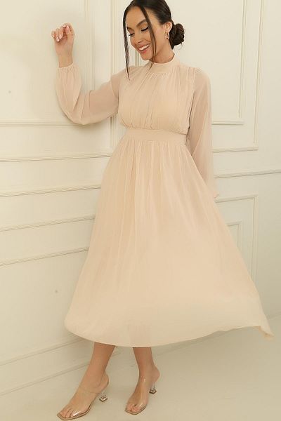 By Saygı Stand Collar Pleated Sleeves Elastic Lined Chiffon Dress