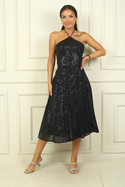 By Saygı Kadın Boyundan Bağlamalı Astarlı Pulpayet Kısa Elbise