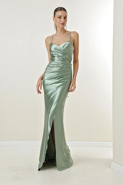 By Saygı Langes Kleid aus Seil mit Riemen, Spitze hinten, gefüttert, vorne drapiert aus Satin