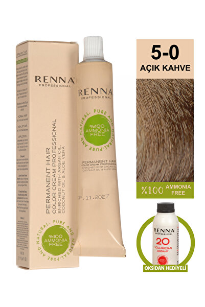 Renna Bitkisel Saç Boyası 5-0 Açık Kahve 60 Ml - Oksidan Hediyeli (%100 Amony...