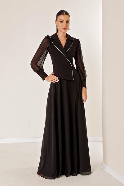 By Saygı Double Breasted Neck Stone Detailed Lined Chiffon Long Dress with Sleeves and Skirt