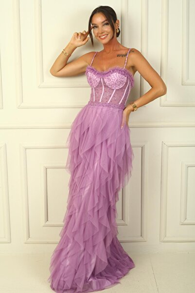 By Saygı Strapless and Fringed Bead Rope Strap Long Tulle Dress