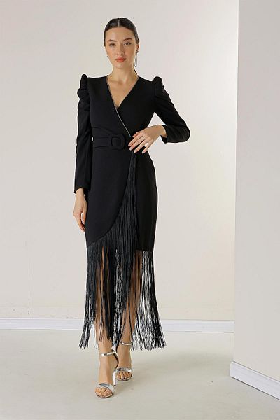 By Saygı Double Breasted Collar Shoulders Padded Waist Belt Lined Tassel Crepe Dress