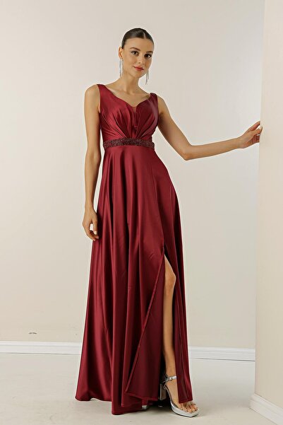 By Saygı V-Neck Thick Strap Waist Beaded Lined Wide Size Long Satin Dress