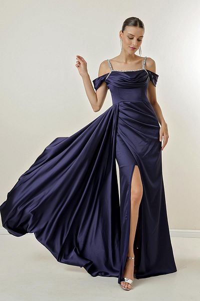 By Saygı Stone Detailed Thin Straps Low Sleeve Lined Long Satin Dress