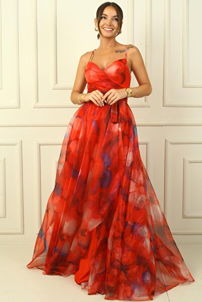 By Saygı Kadın İp Askılı Arkası Bağcıklı Önü Drapeli Çiçekli Organze Uzun Elbise