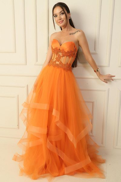 By Saygı Bead Embroidered Sheer Layered Tulle Taffeta Long Evening Dress