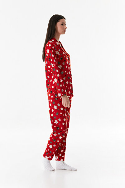 Fulla Moda Yıldız Desenli Gömlek Yaka Süet Pijama Takımı
