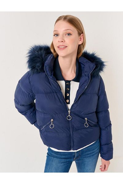 Jimmy Key Navy Blue Feather Detailed Hooded Long Puffer Jacket