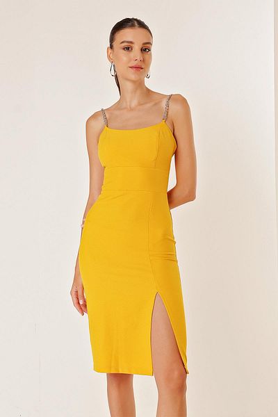 By Saygı Chain Strap Front Slit Dress