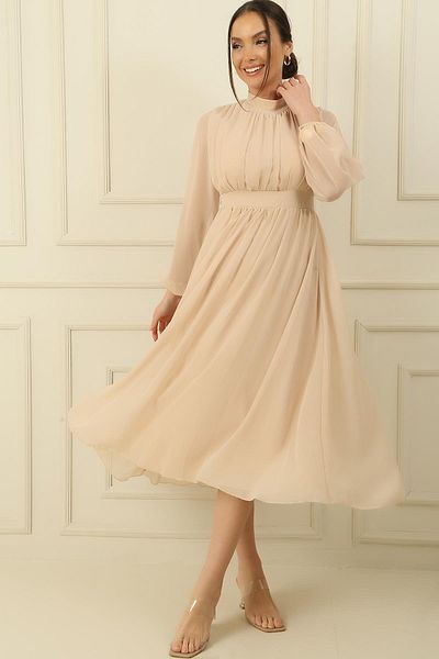 By Saygı Stand Collar Pleated Sleeves Elastic Lined Chiffon Dress