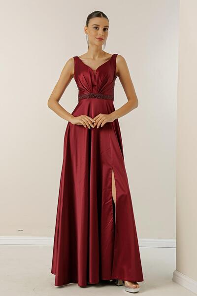 By Saygı V-Neck Thick Strap Waist Beaded Lined Wide Size Long Satin Dress