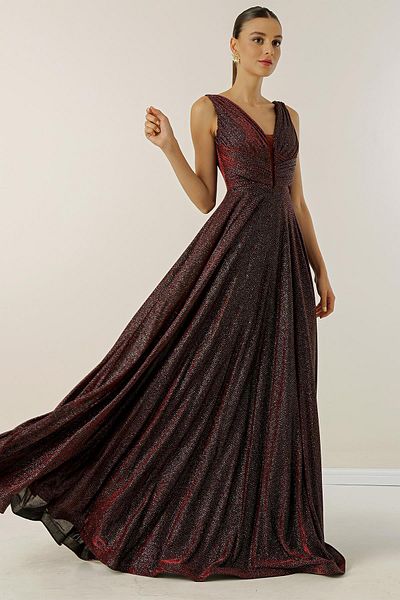 By Saygı Thick Strap Lined Mini Checkered Wide Size Glittery Long Dress