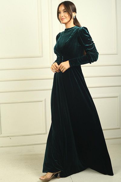 By Saygı Dlouhé sametové šaty - nařasené, detail na knoflíky a plisované