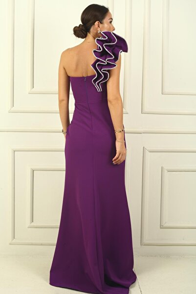 By Saygı Rochie de seară din crepon cu un singur umăr de salată verde cu detaliu din piatră strălucitoare - căptușită