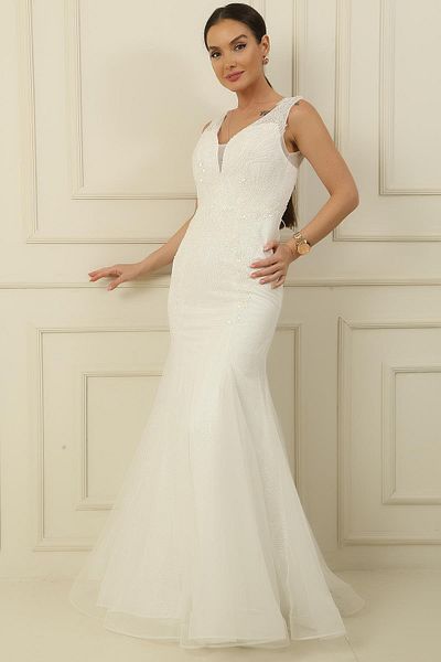 By Saygı Glittery Long Fish Dress with Sequin and Beaded Lining and Tie Back