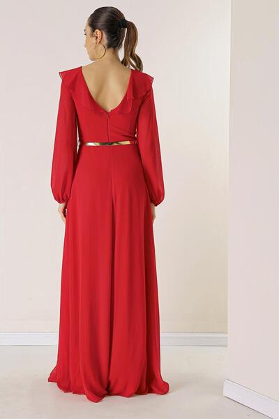 By Saygı Flounce elülső ballon ujjú öves sifon hosszú ruha