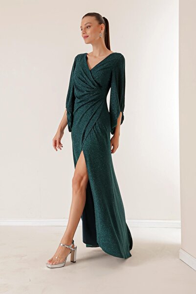 By Saygı Double Breasted Neck Front Draped Lined Glittery Long Dress