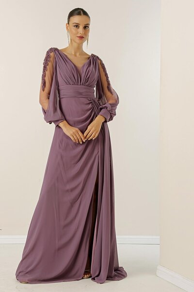 By Saygı Výstřih do V vpředu s řaseným lemovaným rukávem Tyl Guipure Detailní Šifonové dlouhé šaty široké velikosti