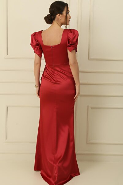 By Saygı Satin Pencil Dress - Square Neck, Watermelon Sleeve and Draped Front