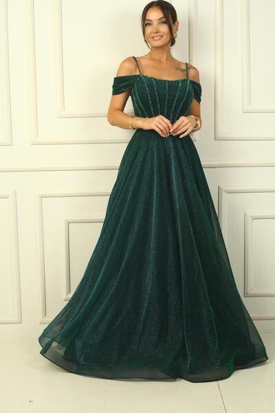 By Saygı Dlouhé šaty s třpytivými korálky s nízkým rukávem