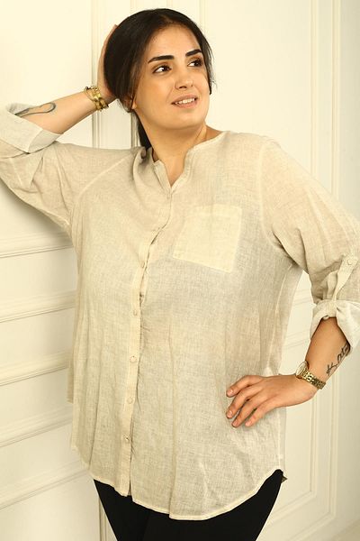 By Saygı Plus Size Linen Shirt - Buttoned, Sequin Detailed, Double Pocket and Sleeve Fold